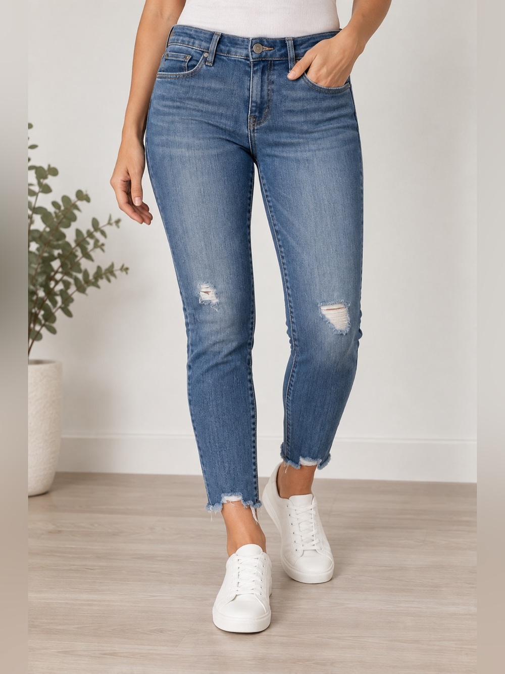 Distressed Skinny Jeans Petite Mid Rise Raw Frayed Hem Stretch Denim 12P